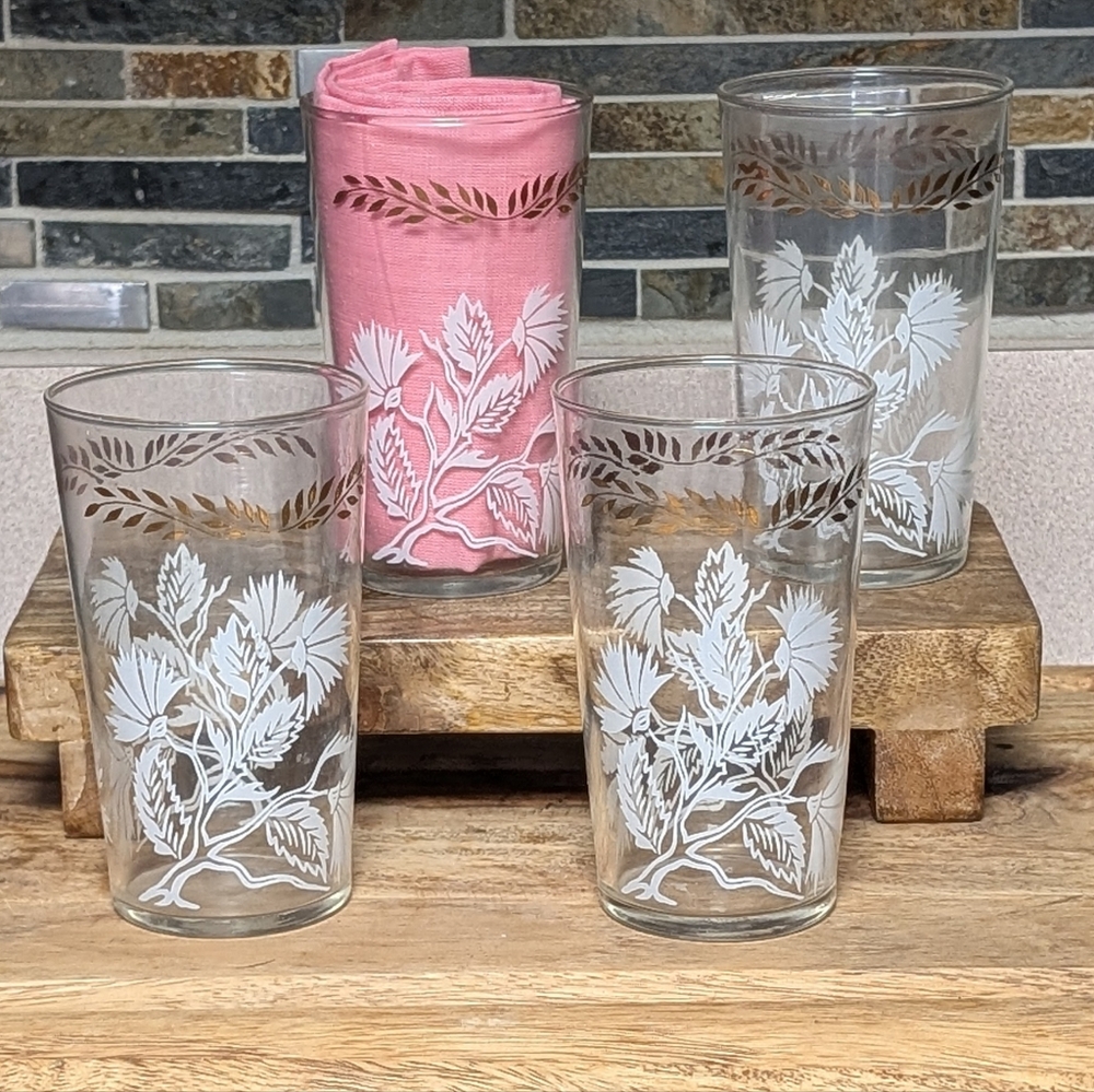 Federal Glass White Floral Gold Leaf 10oz Vintage Tumblers Set Of 4